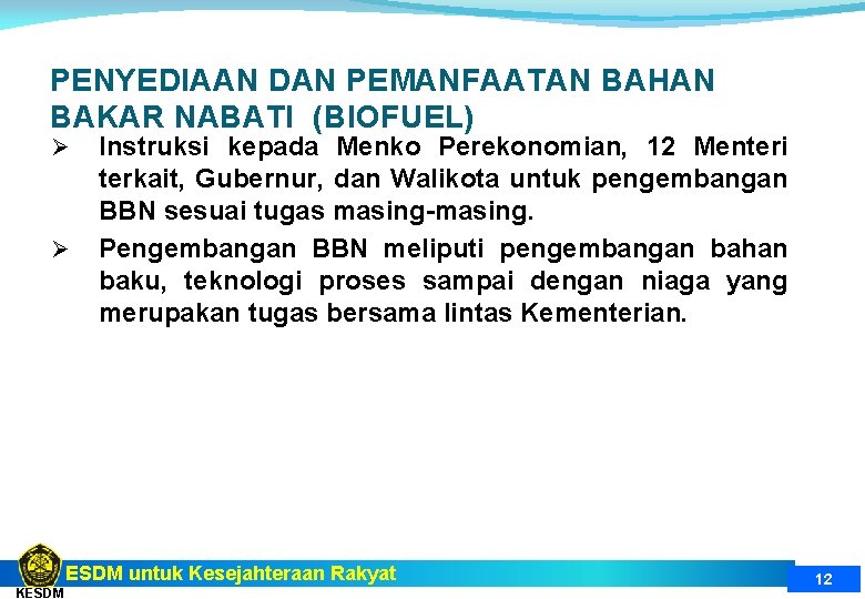 PENYEDIAAN DAN PEMANFAATAN BAHAN BAKAR NABATI (BIOFUEL) Ø Ø Instruksi kepada Menko Perekonomian, 12