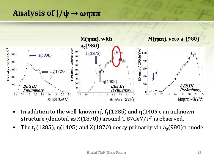 Analysis of J/ψ → ωηππ M(ηππ), with a 0(980) a 2(1320 ) BES III Analysis of J/ψ → ωηππ M(ηππ), with a 0(980) a 2(1320 ) BES III