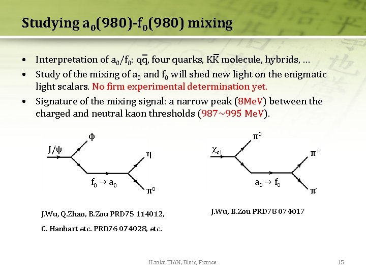 Studying a 0(980)-f 0(980) mixing • Interpretation of a 0/f 0: qq, four quarks, Studying a 0(980)-f 0(980) mixing • Interpretation of a 0/f 0: qq, four quarks,