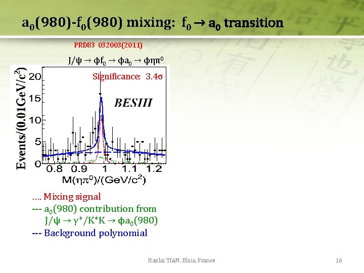 a 0(980)-f 0(980) mixing: f 0 → a 0 transition PRD 83 032003(2011) J/ψ a 0(980)-f 0(980) mixing: f 0 → a 0 transition PRD 83 032003(2011) J/ψ