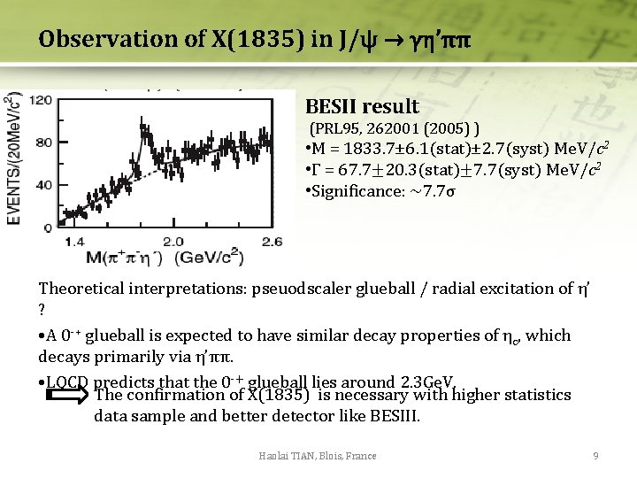 Observation of X(1835) in J/ψ → γη’ππ BESII result (PRL 95, 262001 (2005) ) Observation of X(1835) in J/ψ → γη’ππ BESII result (PRL 95, 262001 (2005) )