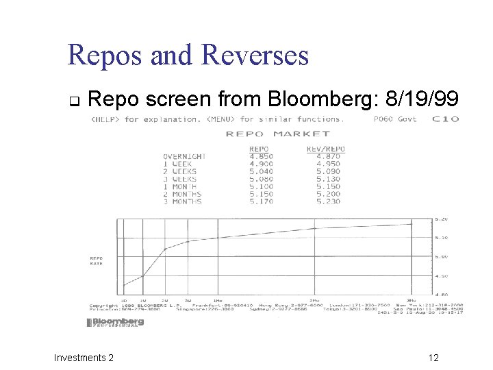 Repos and Reverses q Repo screen from Bloomberg: 8/19/99 Investments 2 12 