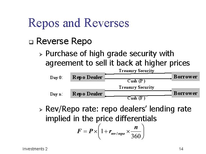 Repos and Reverses q Reverse Repo Ø Purchase of high grade security with agreement