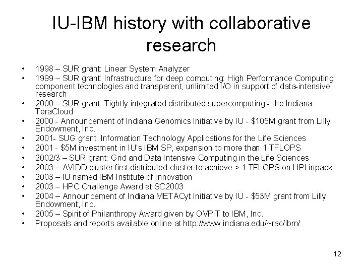 IU-IBM history with collaborative research • • • • 1998 – SUR grant: Linear