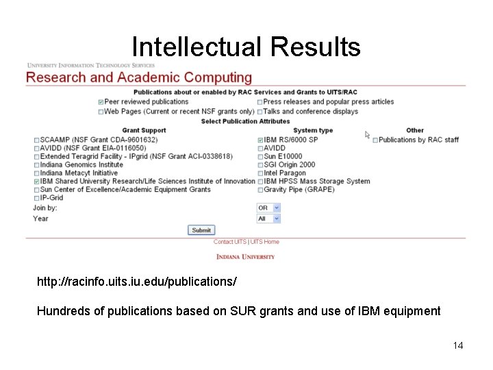 Intellectual Results http: //racinfo. uits. iu. edu/publications/ Hundreds of publications based on SUR grants