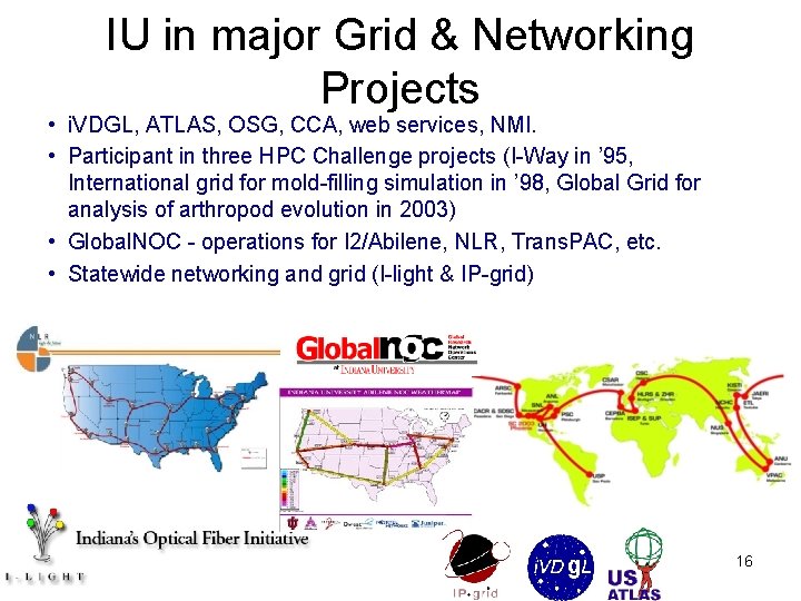 IU in major Grid & Networking Projects • i. VDGL, ATLAS, OSG, CCA, web