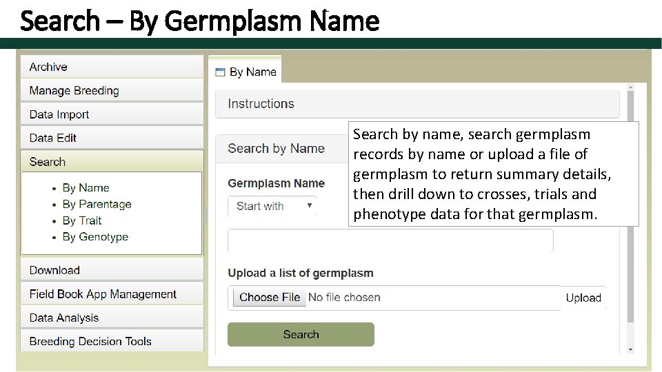 Search – By Germplasm Name Search by name, search germplasm records by name or