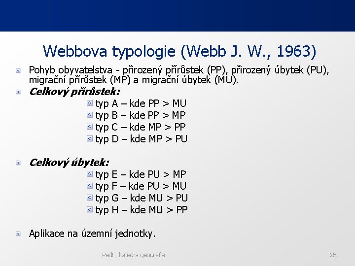 Webbova typologie (Webb J. W. , 1963) Pohyb obyvatelstva - přirozený přírůstek (PP), přirozený