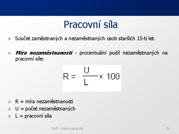 Pracovní síla Součet zaměstnaných a nezaměstnaných osob starších 15 -ti let. Míra nezaměstnanosti -