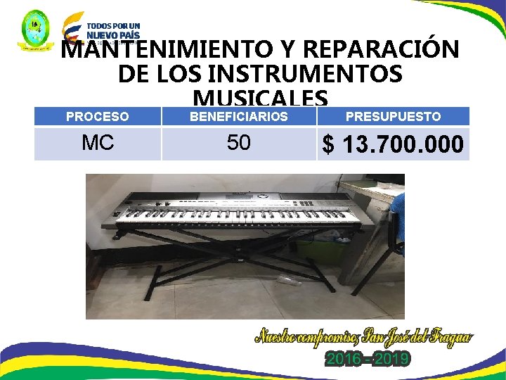 MANTENIMIENTO Y REPARACIÓN DE LOS INSTRUMENTOS MUSICALES PROCESO BENEFICIARIOS PRESUPUESTO MC 50 $ 13.