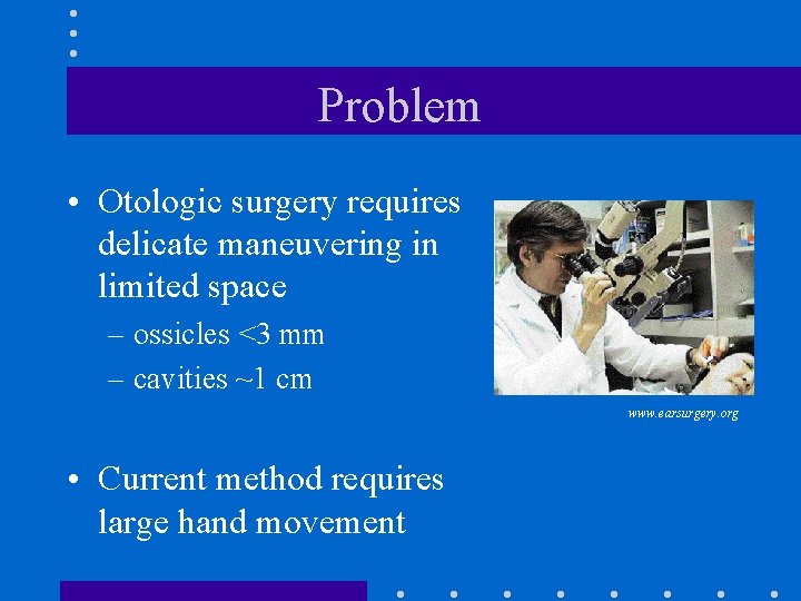 Problem • Otologic surgery requires delicate maneuvering in limited space – ossicles <3 mm