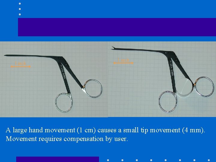 1 inch A large hand movement (1 cm) causes a small tip movement (4