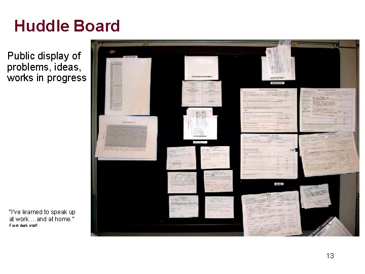 Huddle Board Public display of problems, ideas, works in progress “I’ve learned to speak