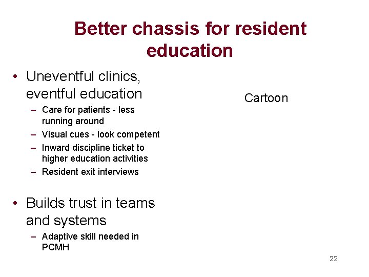 Better chassis for resident education • Uneventful clinics, eventful education – Care for patients
