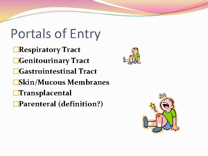 Portals of Entry �Respiratory Tract �Genitourinary Tract �Gastrointestinal Tract �Skin/Mucous Membranes �Transplacental �Parenteral (definition?