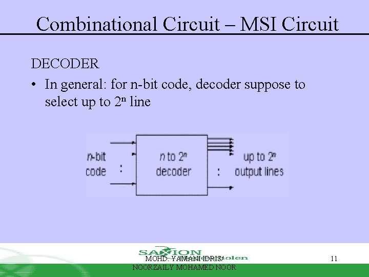 Combinational Circuit – MSI Circuit DECODER • In general: for n-bit code, decoder suppose Combinational Circuit – MSI Circuit DECODER • In general: for n-bit code, decoder suppose