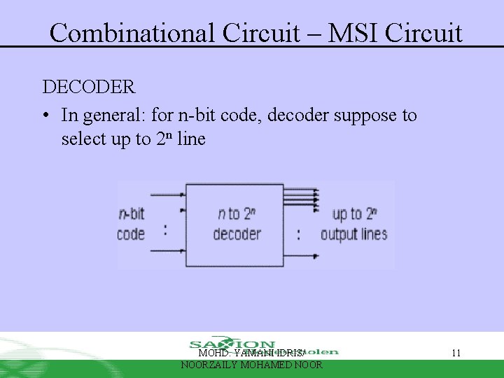 Combinational Circuit – MSI Circuit DECODER • In general: for n-bit code, decoder suppose