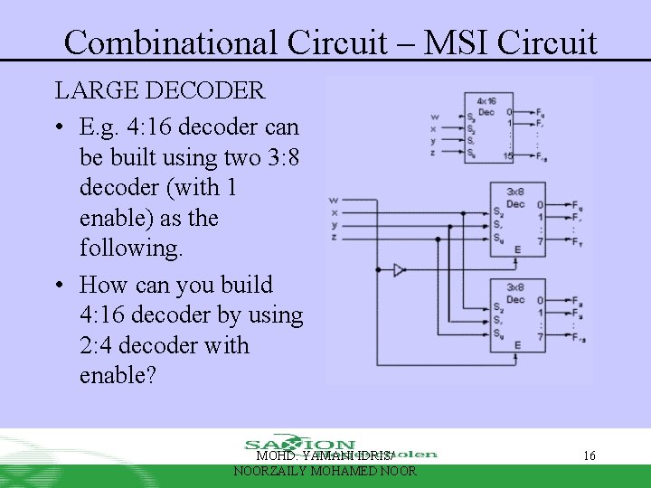 Combinational Circuit – MSI Circuit LARGE DECODER • E. g. 4: 16 decoder can Combinational Circuit – MSI Circuit LARGE DECODER • E. g. 4: 16 decoder can