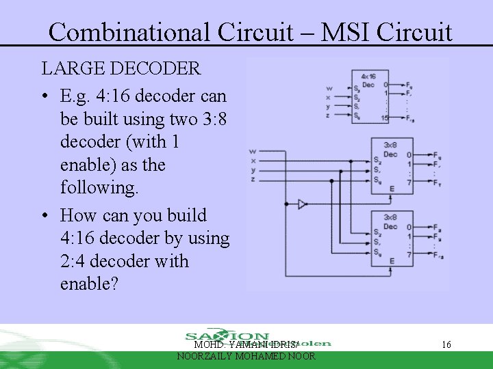 Combinational Circuit – MSI Circuit LARGE DECODER • E. g. 4: 16 decoder can