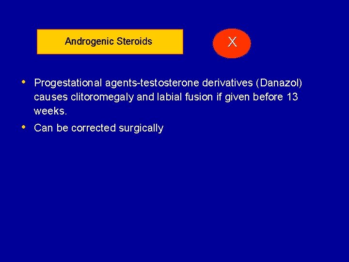 Androgenic Steroids X • Progestational agents-testosterone derivatives (Danazol) causes clitoromegaly and labial fusion if