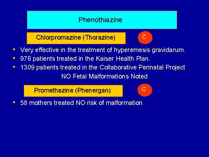Phenothiazine Chlorpromazine (Thorazine) • • • C Very effective in the treatment of hyperemesis