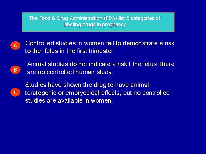 The Food & Drug Administration (FDA) list 5 categories of labeling drugs in pregnancy