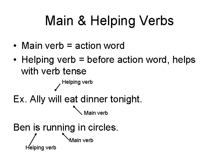 Main & Helping Verbs • Main verb = action word • Helping verb =