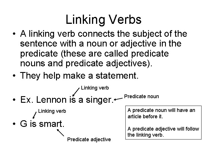Linking Verbs • A linking verb connects the subject of the sentence with a