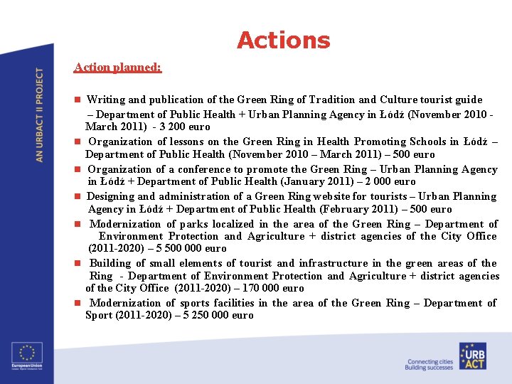Actions Action planned: n n n n Writing and publication of the Green Ring