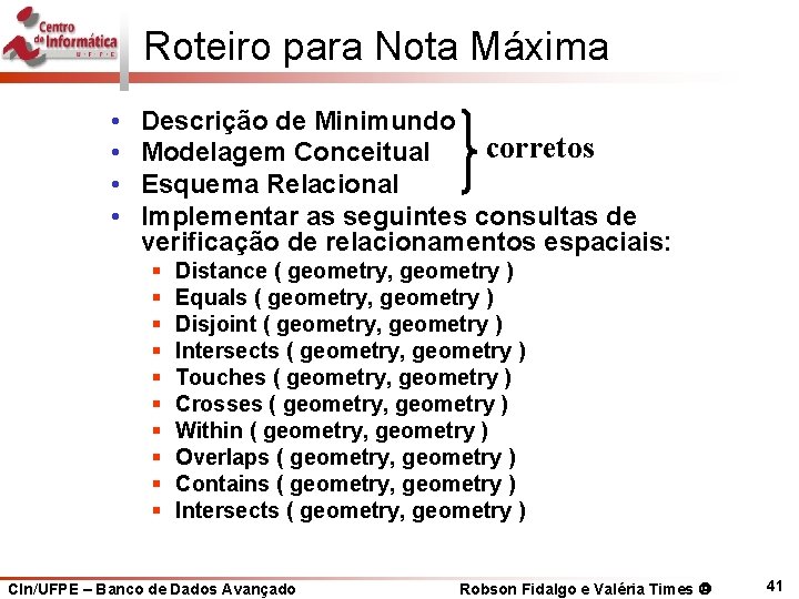 Roteiro para Nota Máxima • • Descrição de Minimundo corretos Modelagem Conceitual Esquema Relacional