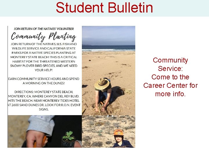 Student Bulletin Community Service: Come to the Career Center for more info. 