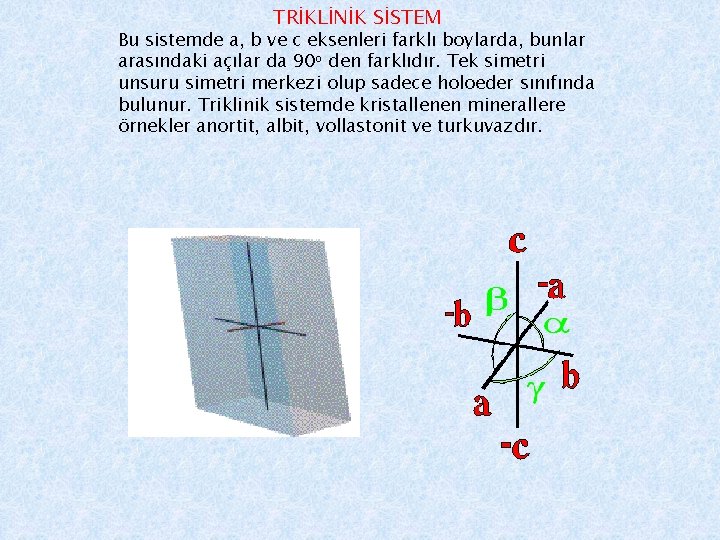 TRİKLİNİK SİSTEM Bu sistemde a, b ve c eksenleri farklı boylarda, bunlar arasındaki açılar