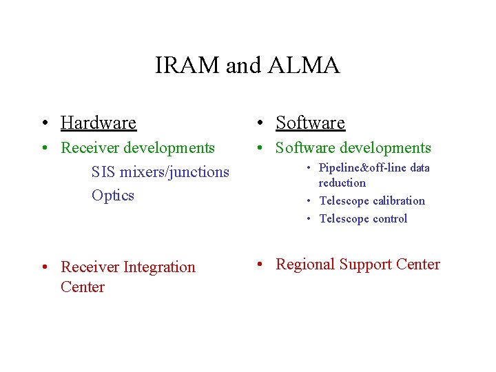 IRAM and ALMA • Hardware • Software • Receiver developments SIS mixers/junctions Optics •