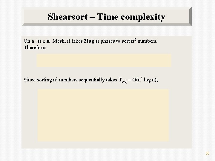 Shearsort – Time complexity On a n x n Mesh, it takes 2 log