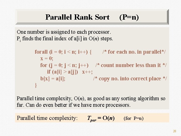 Parallel Rank Sort (P=n) One number is assigned to each processor. Pi finds the