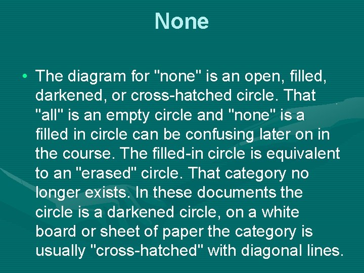 None • The diagram for "none" is an open, filled, darkened, or cross-hatched circle.