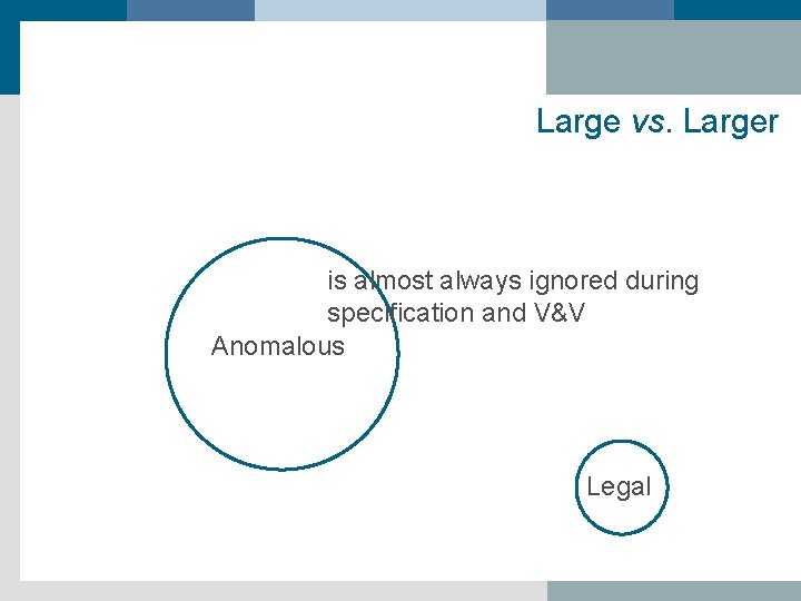 Large vs. Larger is almost always ignored during specification and V&V Anomalous Legal 