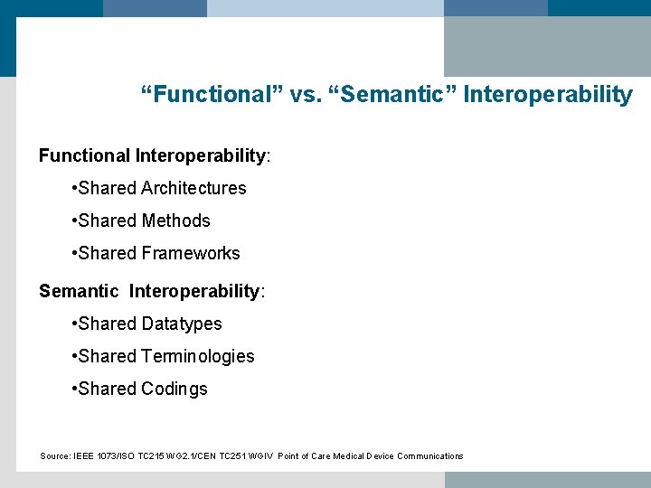 “Functional” vs. “Semantic” Interoperability Functional Interoperability: • Shared Architectures • Shared Methods • Shared