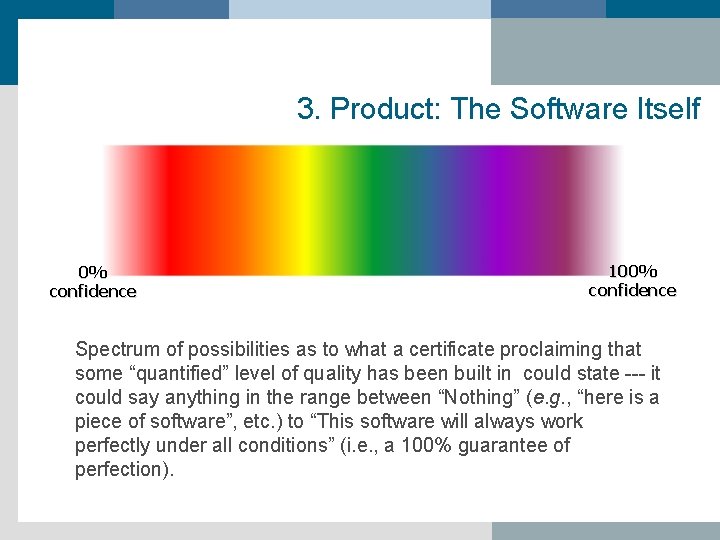 3. Product: The Software Itself 0% confidence 100% confidence Spectrum of possibilities as to