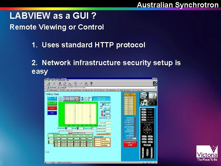 Australian Synchrotron LABVIEW as a GUI ? Remote Viewing or Control 1. Uses standard