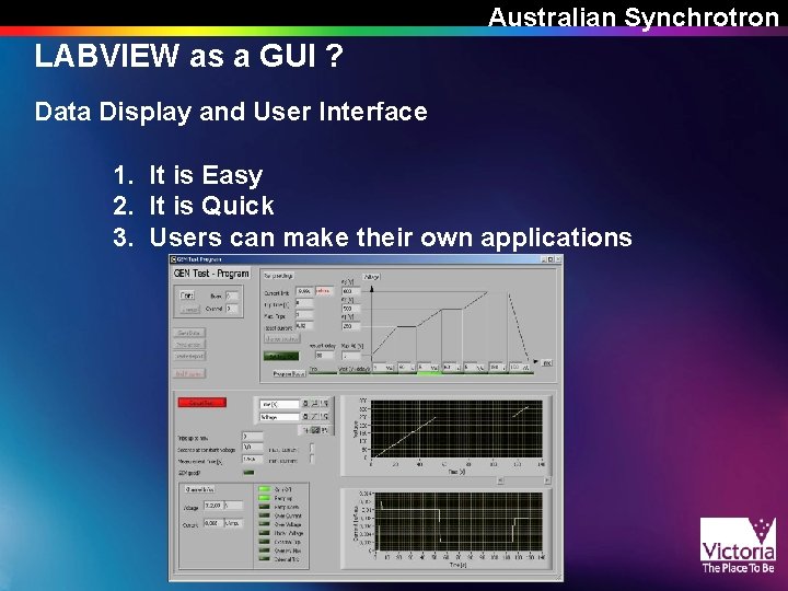 Australian Synchrotron LABVIEW as a GUI ? Data Display and User Interface 1. It