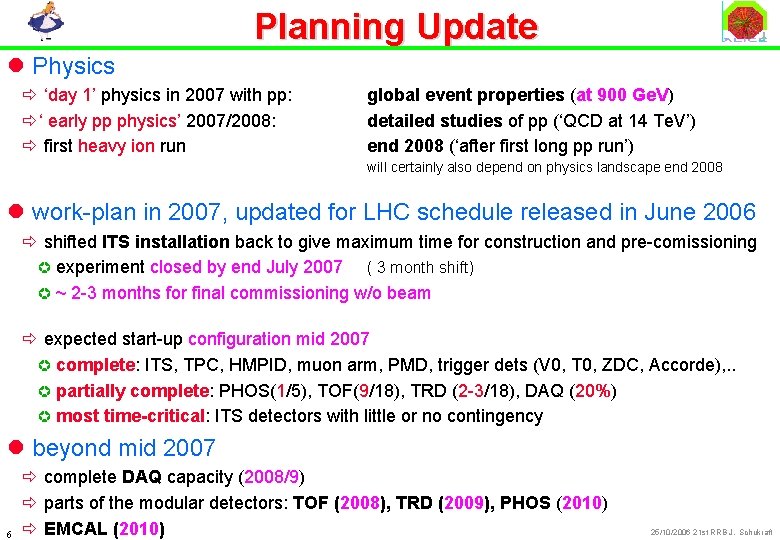 Planning Update l Physics ð ‘day 1’ physics in 2007 with pp: ð‘ early