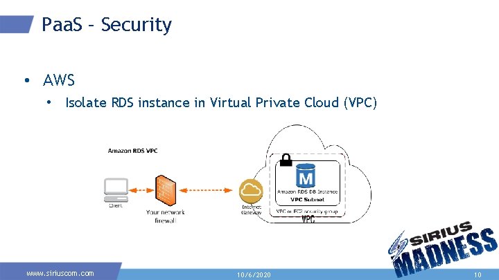 Paa. S – Security • AWS • Isolate RDS instance in Virtual Private Cloud