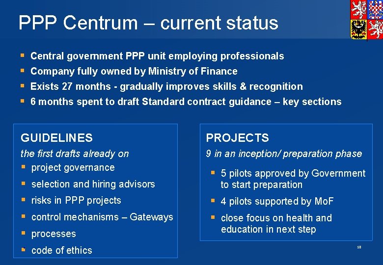 PPP Centrum – current status § § Central government PPP unit employing professionals Company
