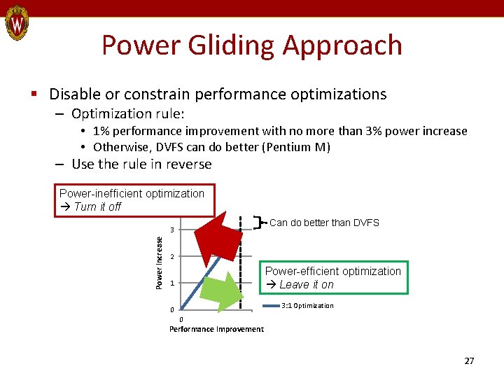 Power Gliding Approach § Disable or constrain performance optimizations – Optimization rule: • 1%
