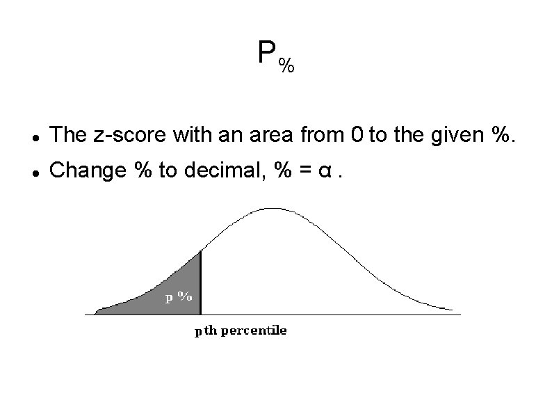 P% The z-score with an area from 0 to the given %. Change %
