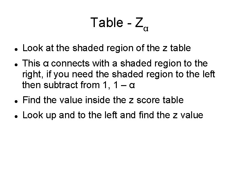 Table - Zα Look at the shaded region of the z table This α