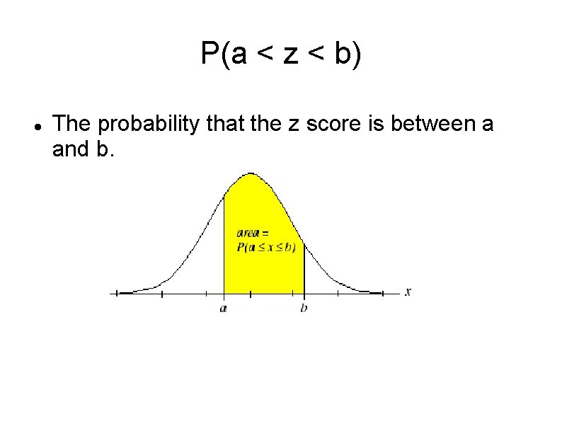 P(a < z < b) The probability that the z score is between a
