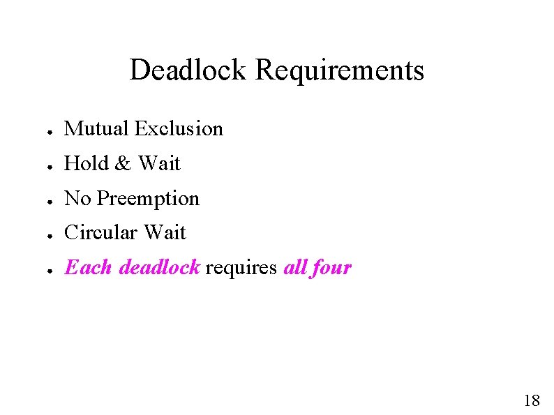 Deadlock Requirements ● Mutual Exclusion ● Hold & Wait ● No Preemption ● Circular