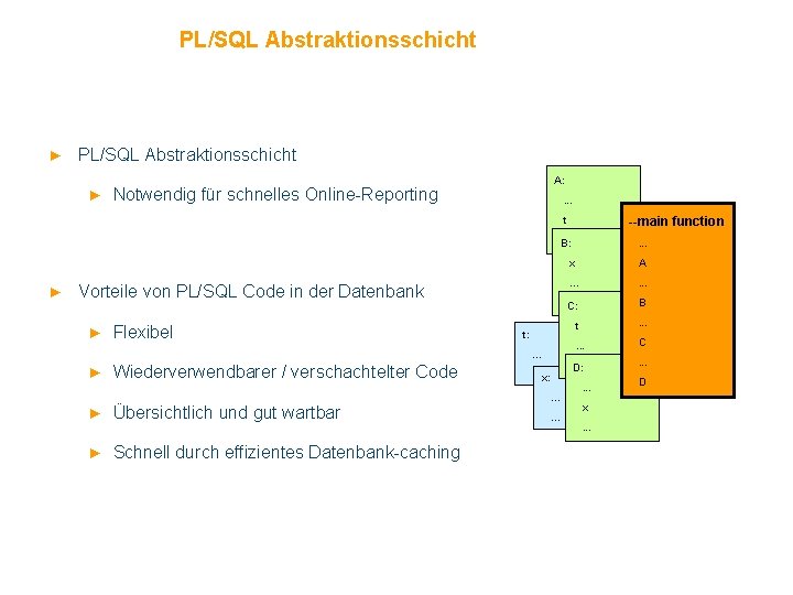 PL/SQL Abstraktionsschicht ► A: Notwendig für schnelles Online-Reporting . . . t ► Vorteile